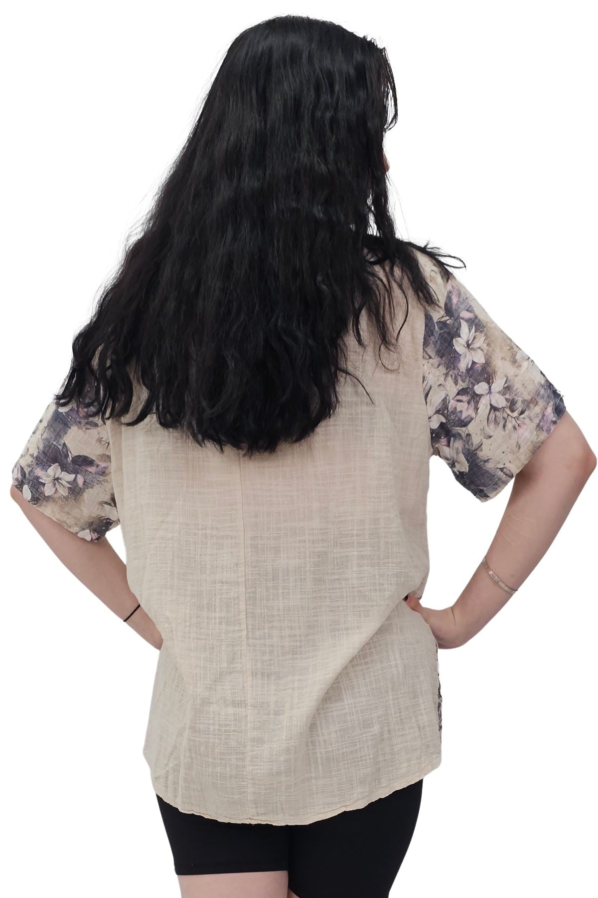 Floral Print Necklace Oversized Tunic Cotton Top