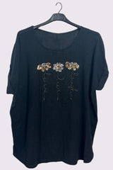 Sequin Embroidered Flower Pattern Curved Hem Cotton Top