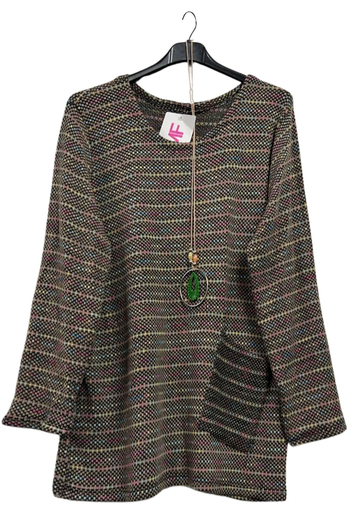 Multicoloured Dots Pattern Soft Knit Front Pocket Top