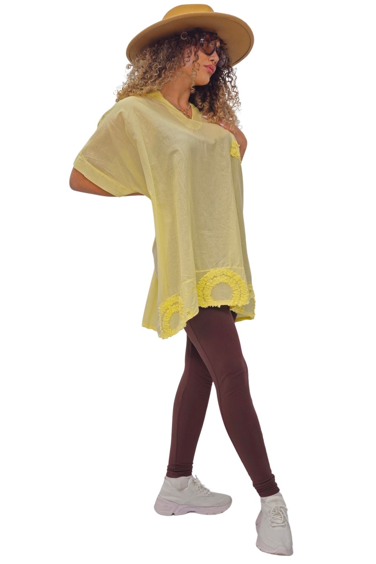Plain Chest Pocket Lace Embroidered Detailing Cotton Top