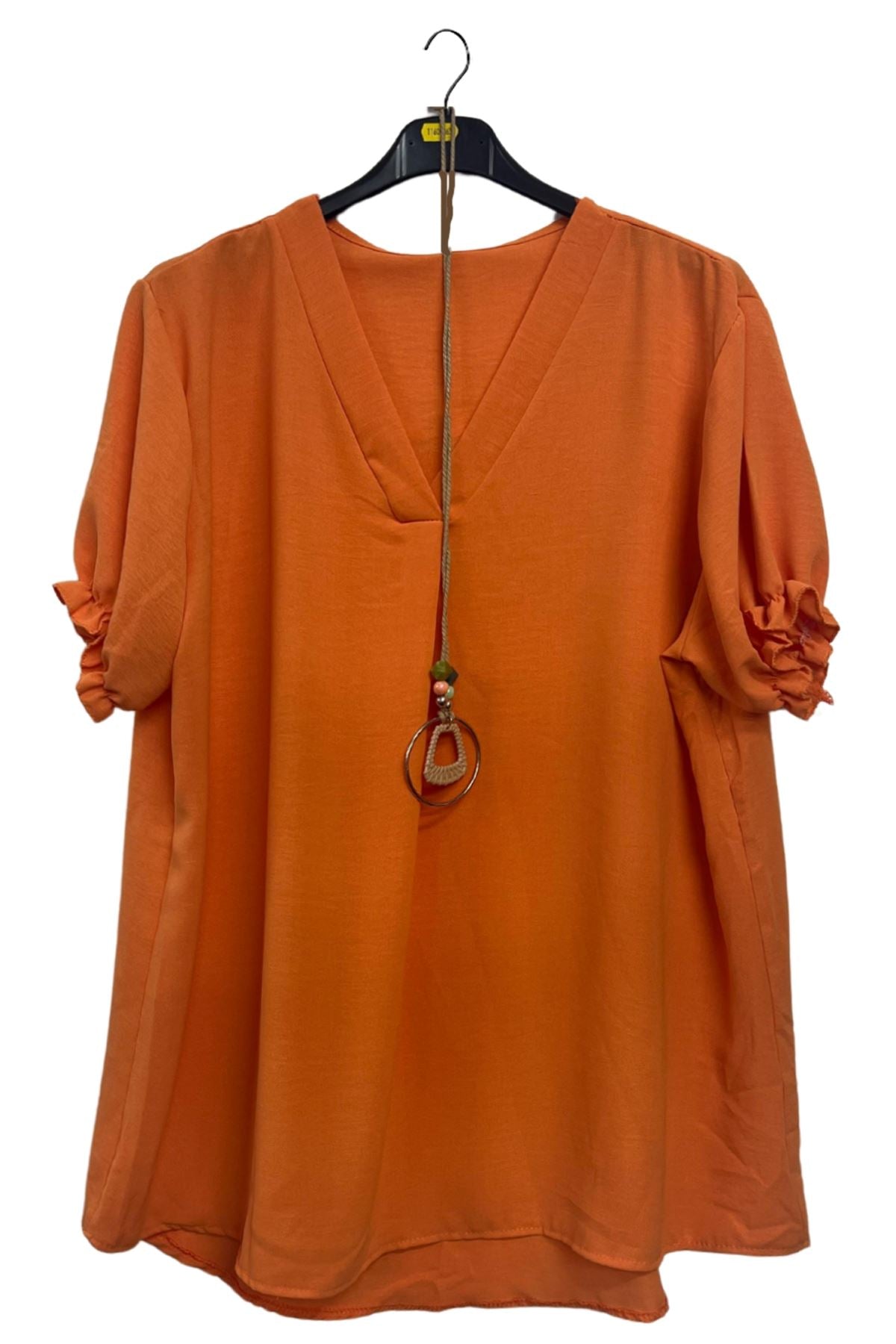 Plain Short Puff Sleeves Necklace Top