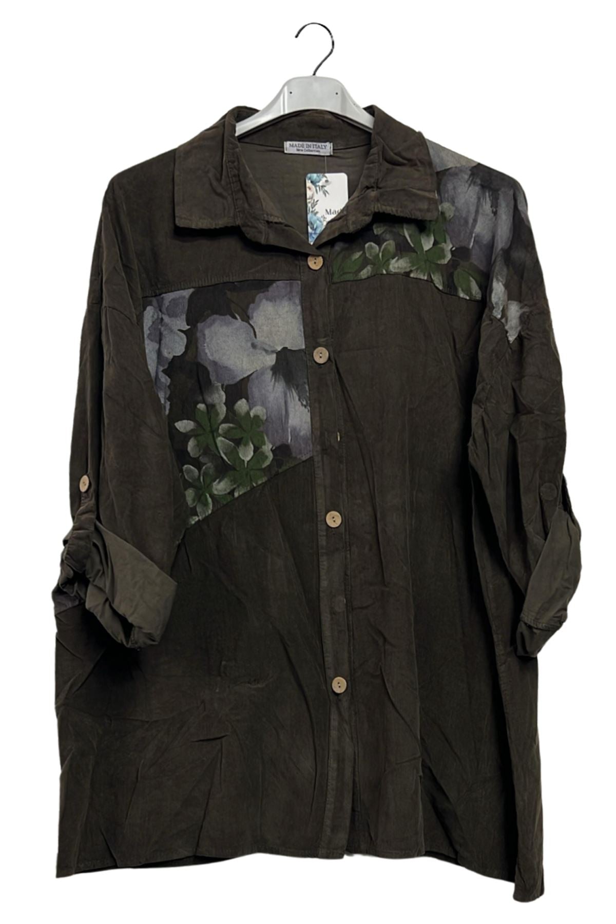 Abstract Floral Patch Print Button-Up High Low Hem Cotton Shirt