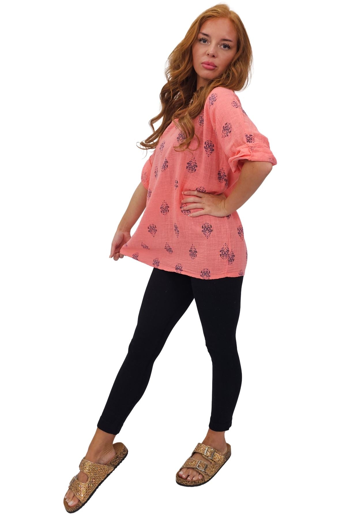 Block Print-Style Motifs Tunic Silhouette Cotton Top