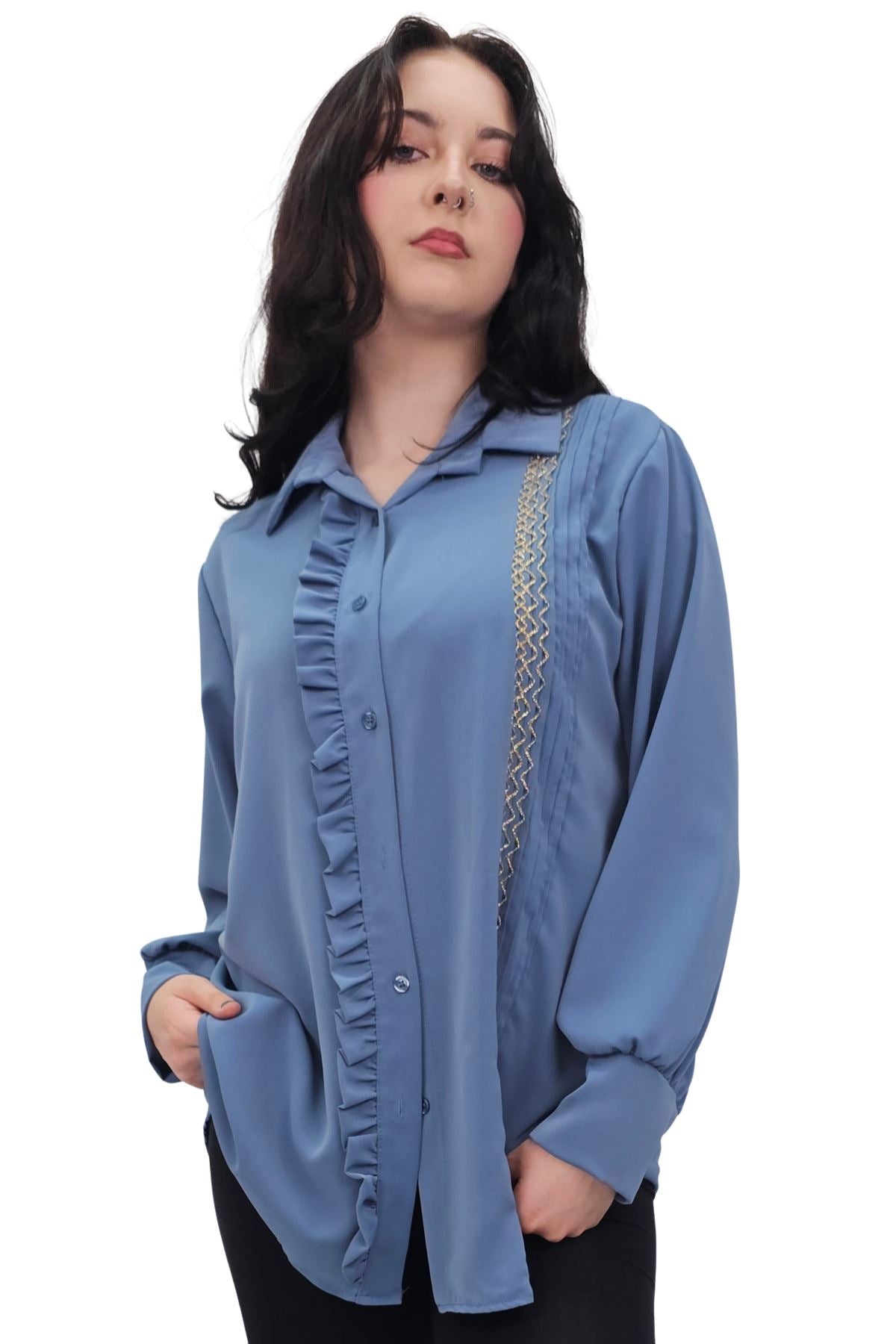 Gold Thread Pattern Ruffle Detail Shirt