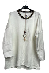 Plain Leopard Trim Necklace High Low Hem Tunic Top