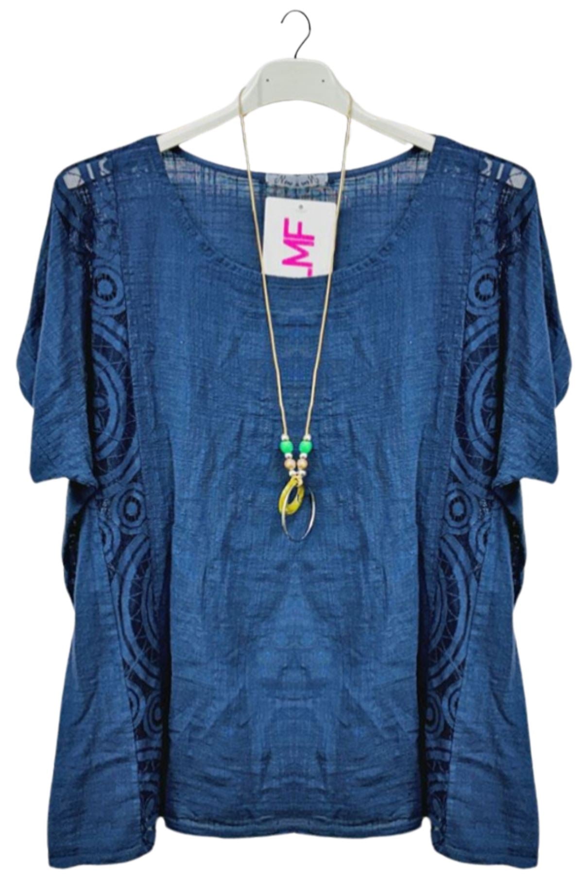 Plain Textured Side Panel Necklace Cotton Top
