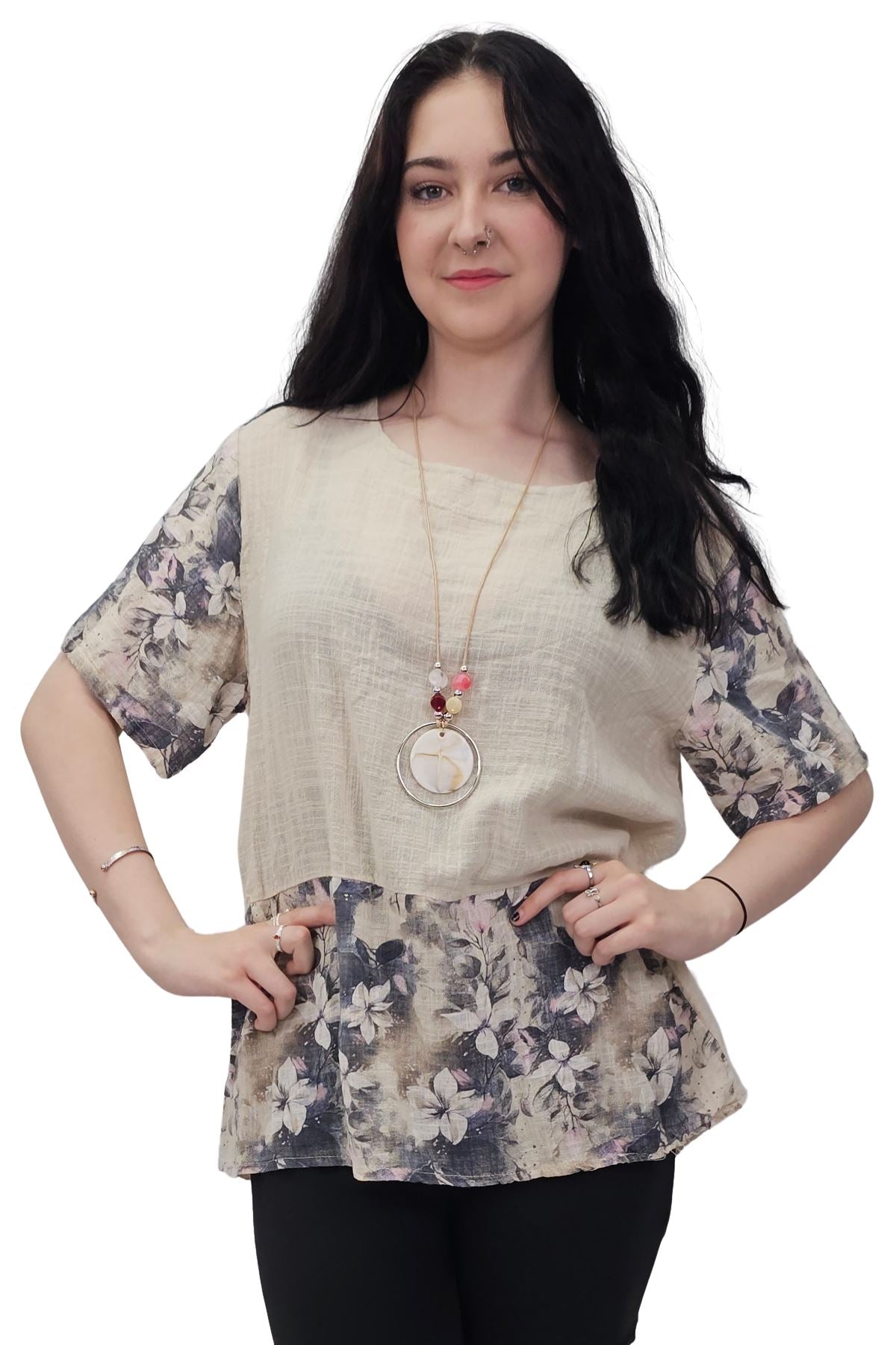 Floral Print Necklace Oversized Tunic Cotton Top