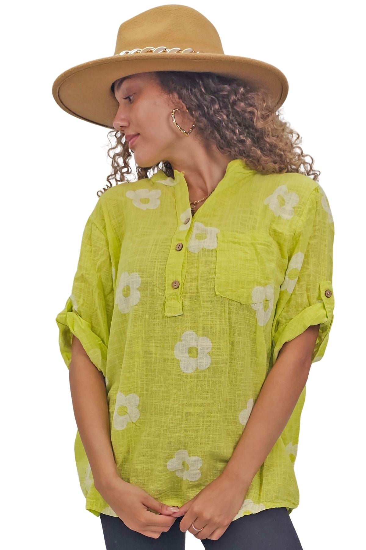 Floral Print Single Chest Pocket Cotton Top