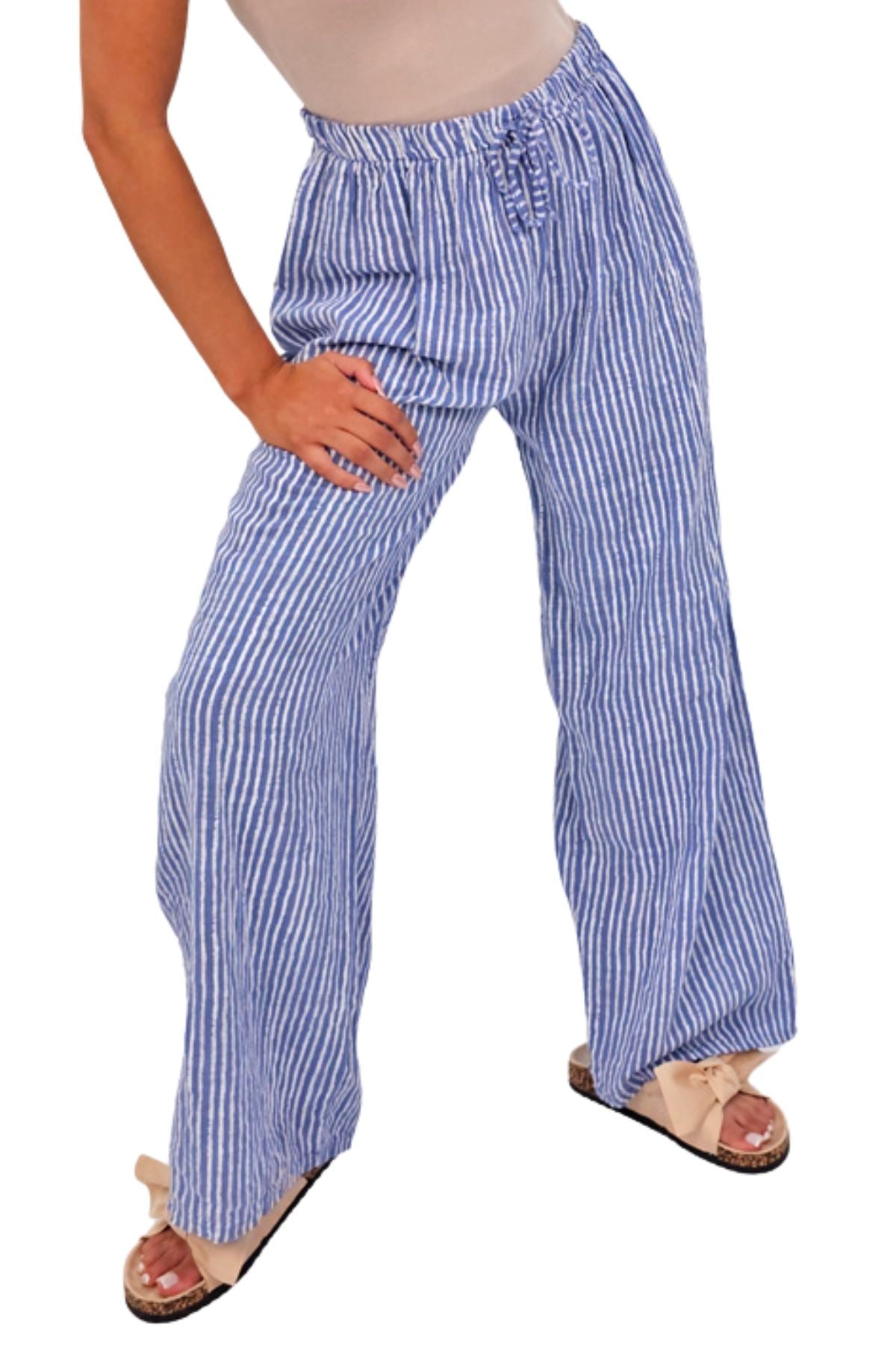 Stripe Print Elasticated Waistband Wide Leg Cotton Trousers