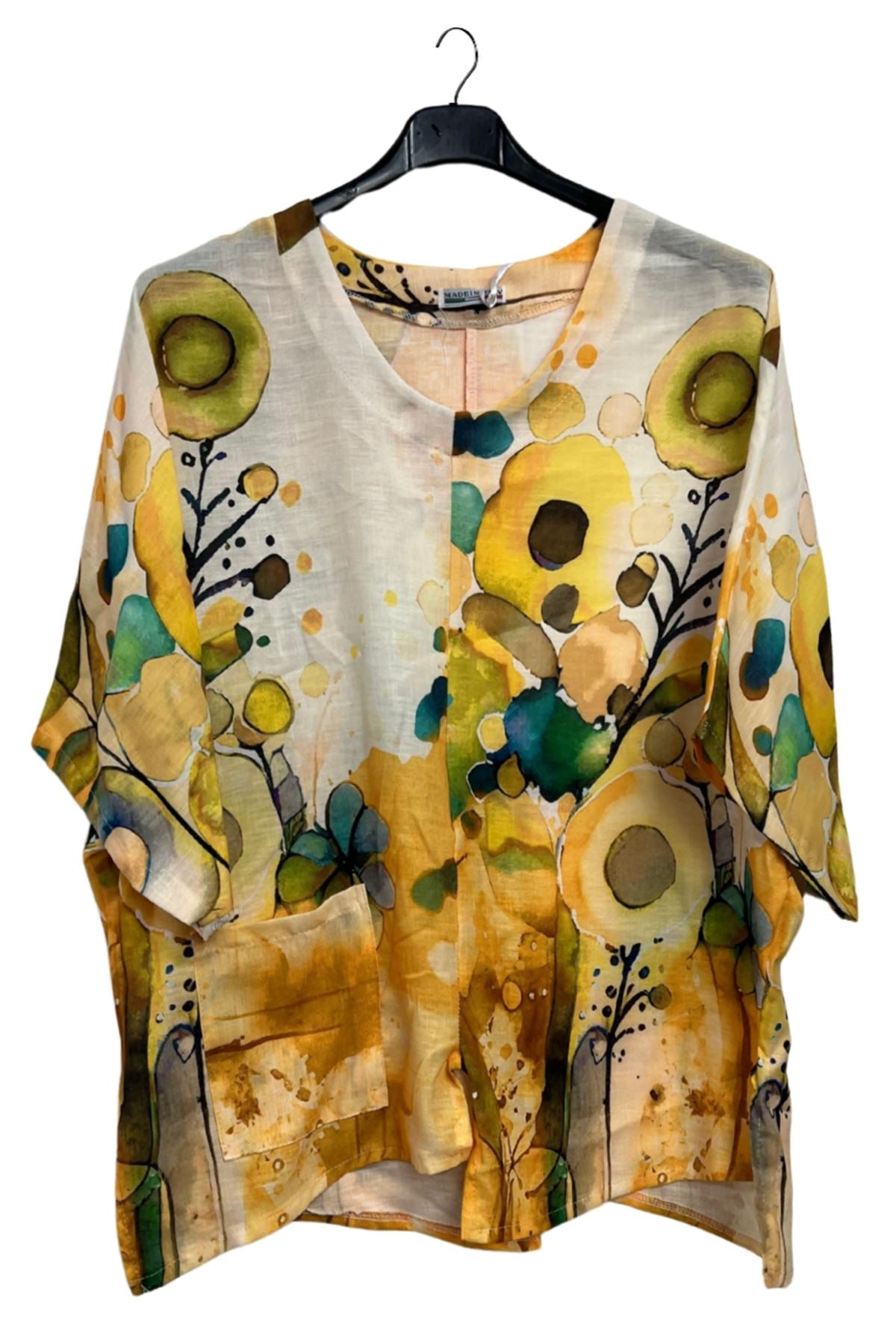 Abstract Watercolour-Style Print Asymmetrical Hemline Cotton Top