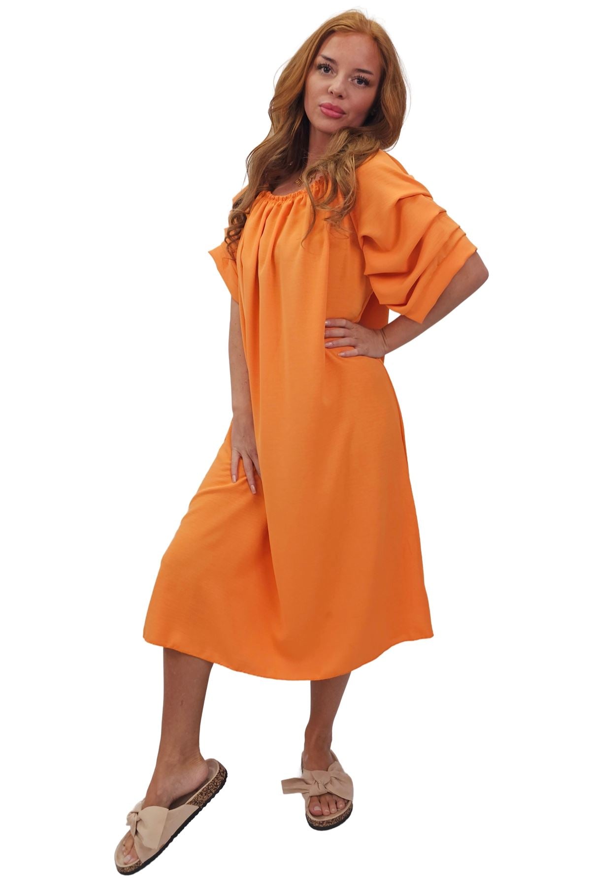 Plain Puff Sleeves Layered Detail Dress