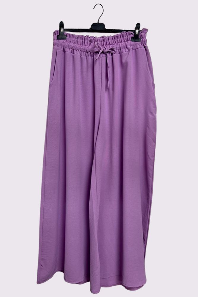 Plain Side Pockets Wide Legs Trousers