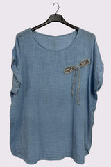 Textured Embroidered Sequin Curved Hem Cotton Top