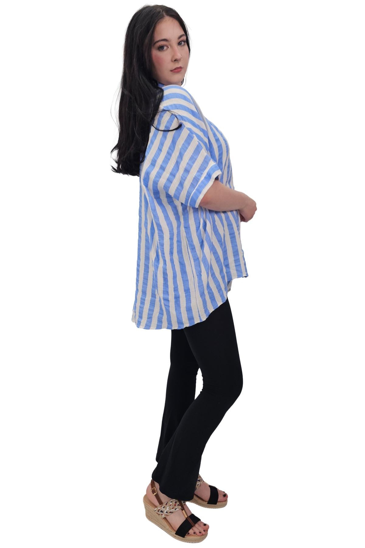 Vertical Stripes Print Front Button Down Cotton Shirt