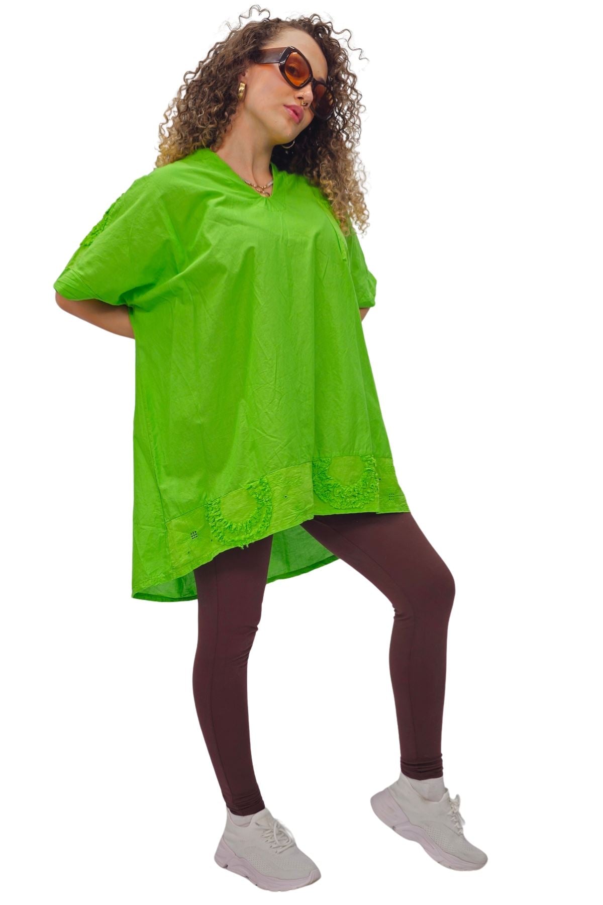 Plain Chest Pocket Lace Embroidered Detailing Cotton Top