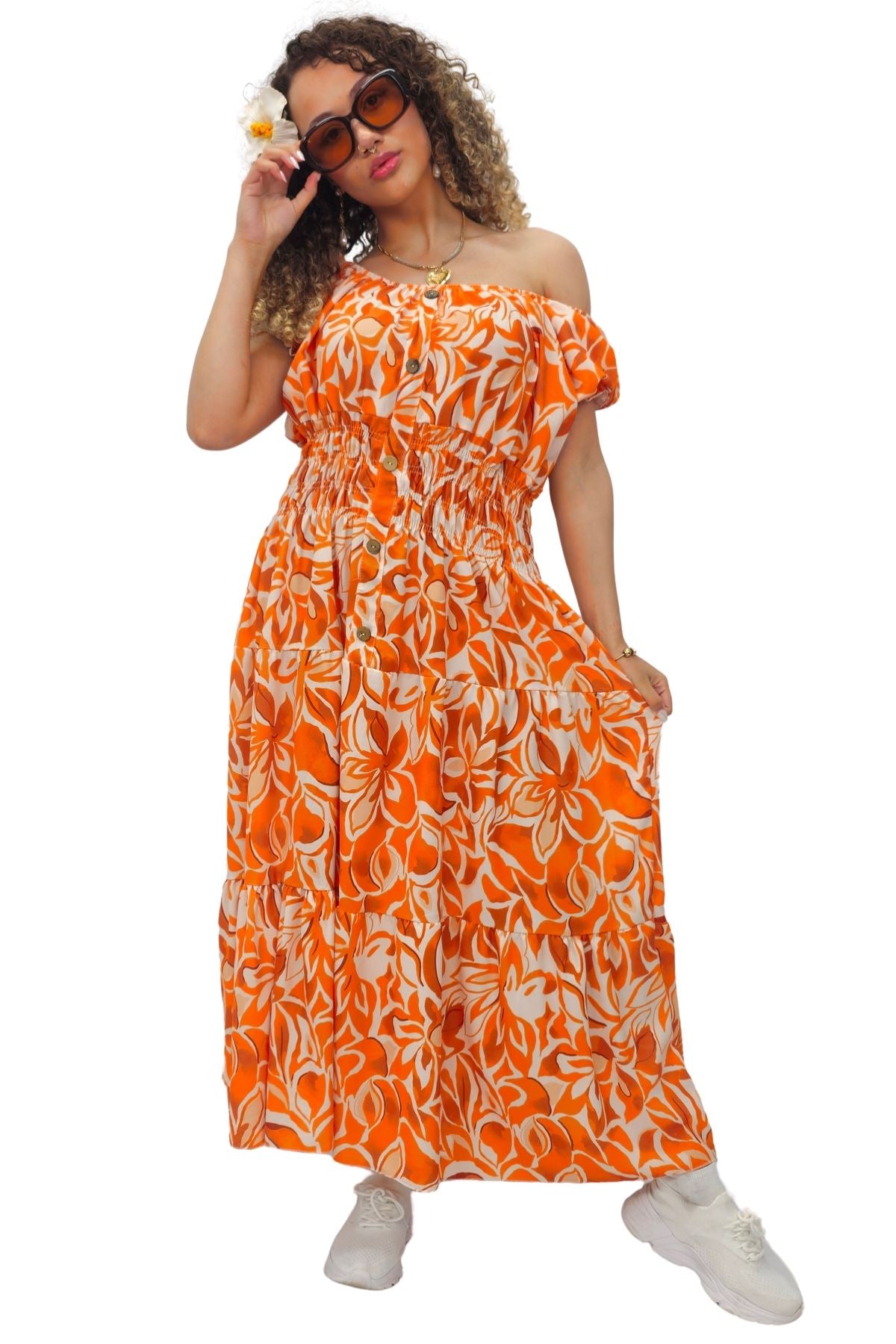 Floral Print Shirred Waist Tiered Dress