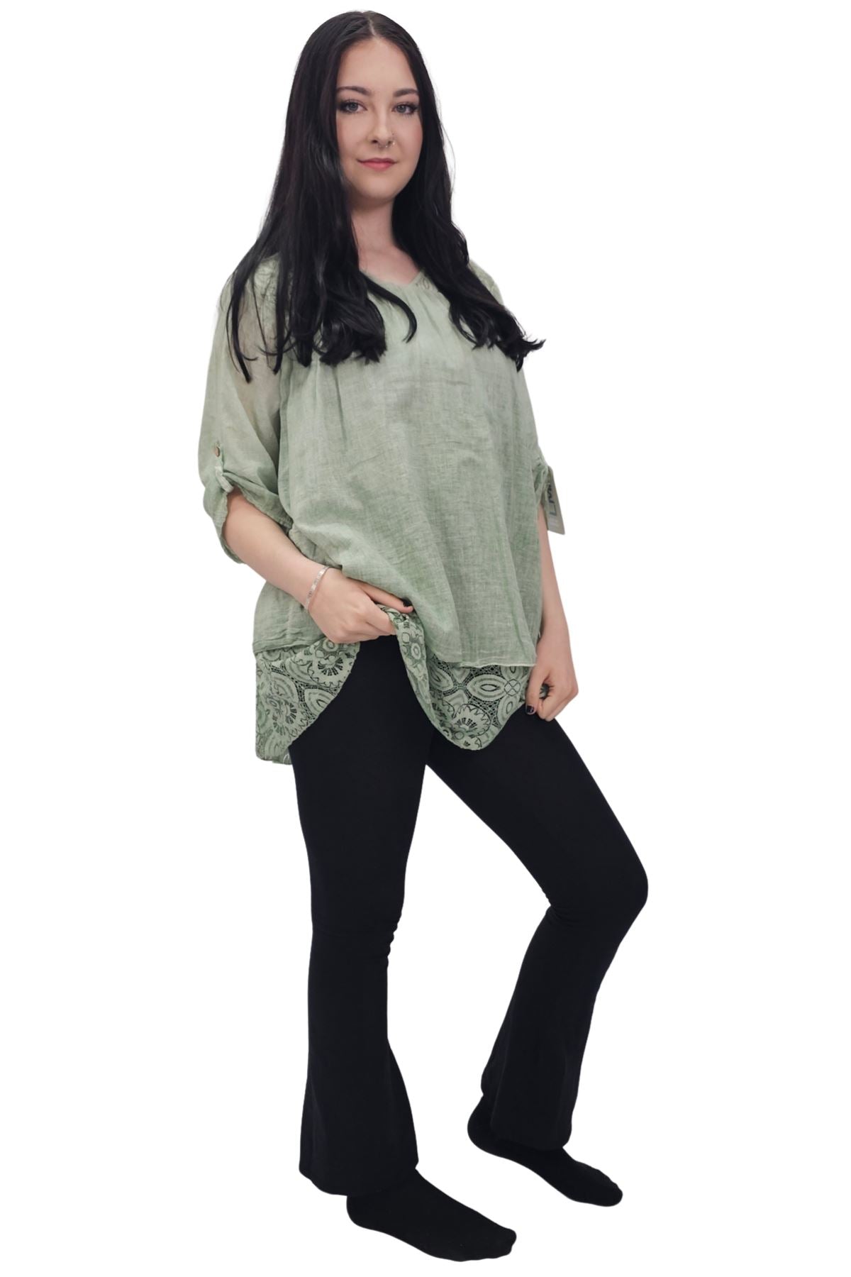 Floral Pattern Lace Detailing Layered Hem Cotton Top