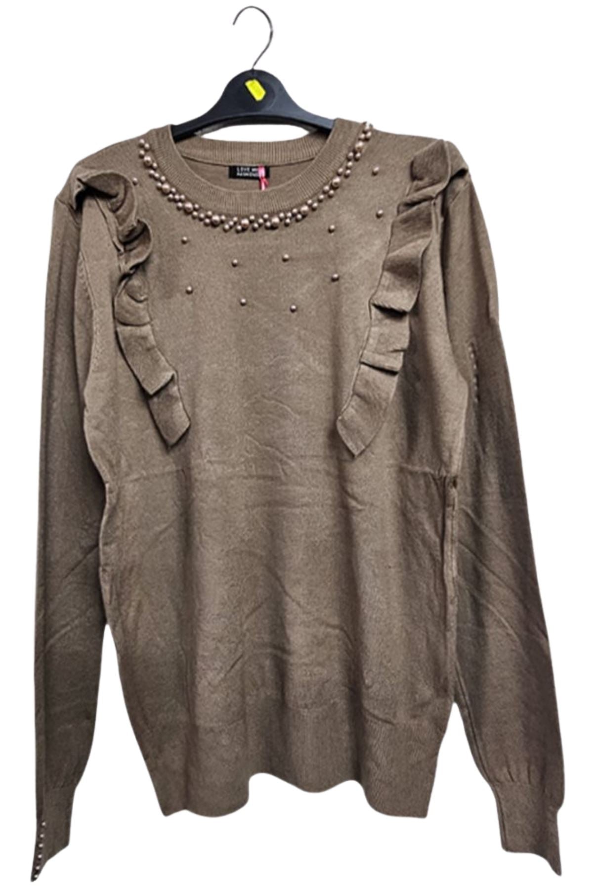 Pearls Side Chest Frill Ribbed Hem Soft Jumper