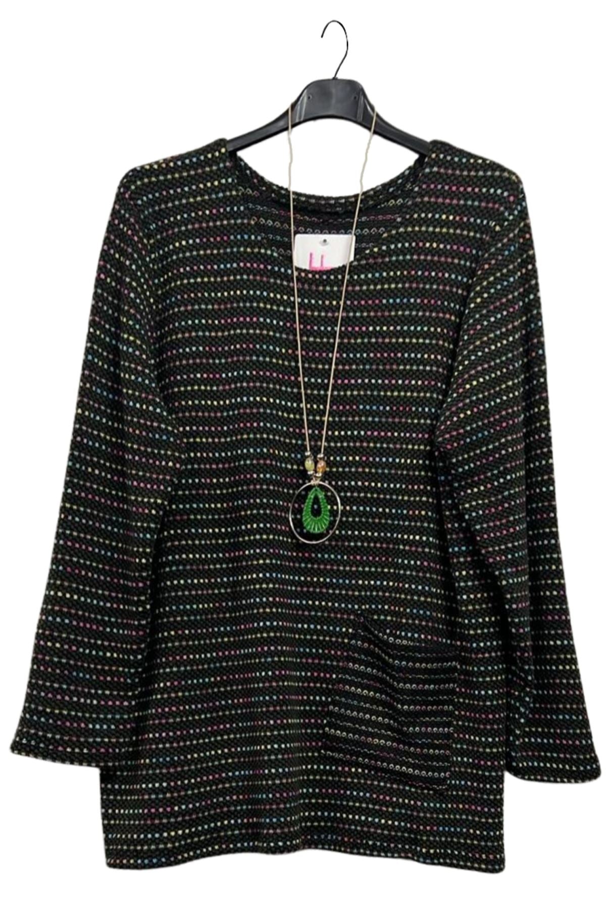 Multicoloured Dots Pattern Soft Knit Front Pocket Top