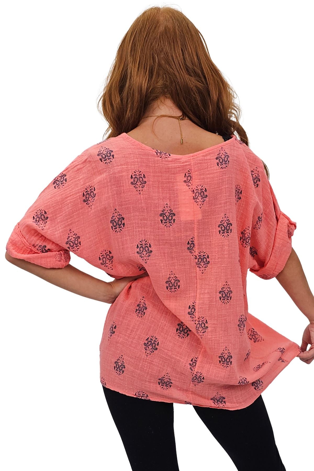 Block Print-Style Motifs Tunic Silhouette Cotton Top