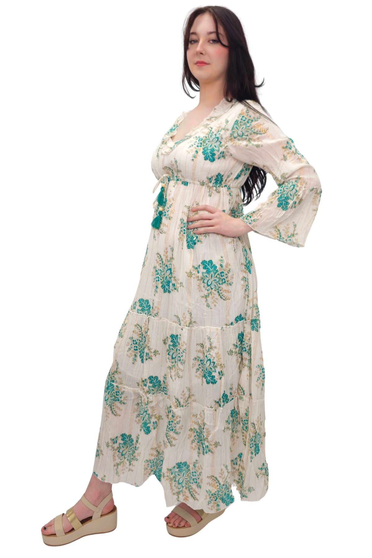 Flower Cluster Print Gold Stripes Dress