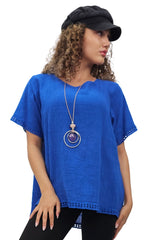 Plain Lace Hem Necklace Cotton Top