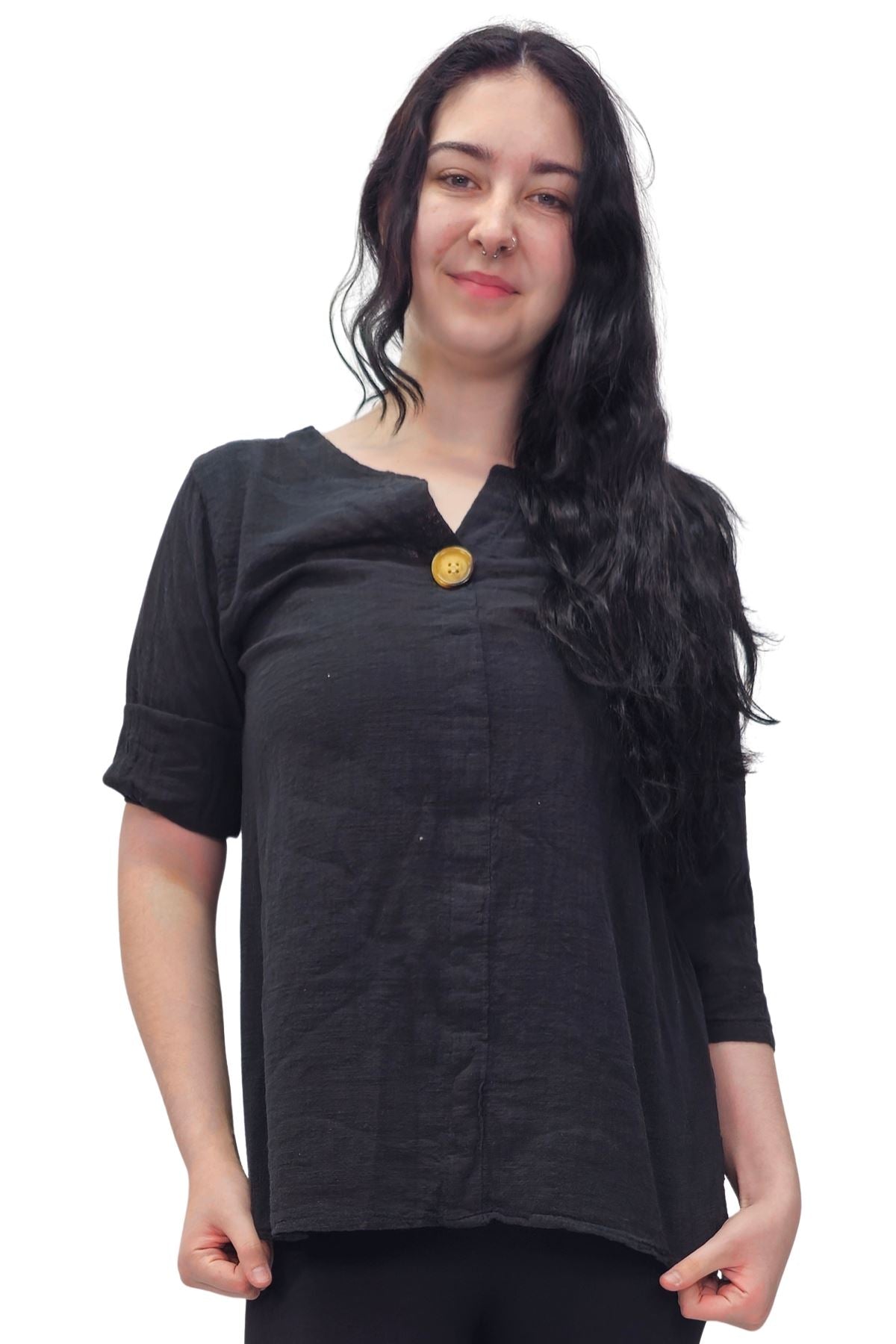 Plain A Single Button Closure Cotton Top