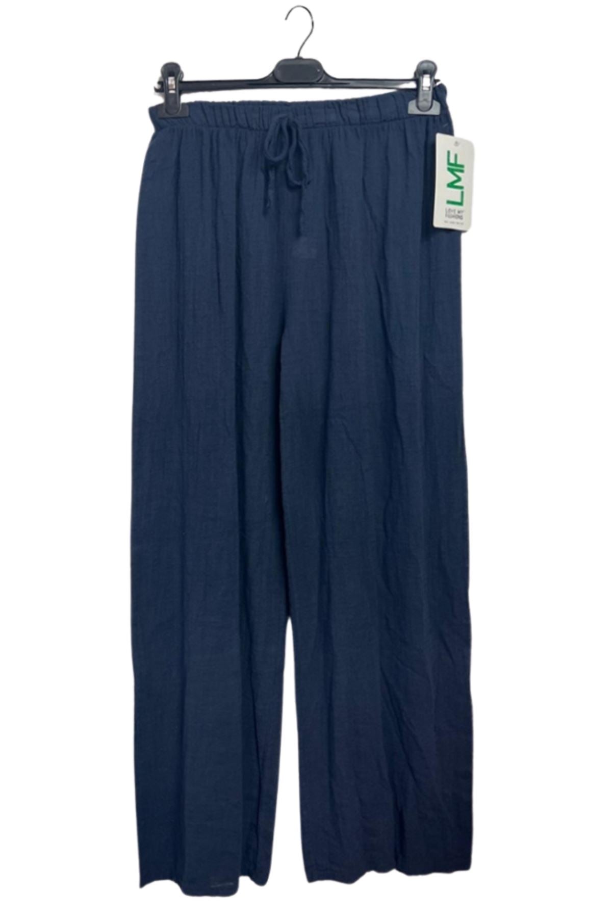 Plain Drawstring Wide Legs Cotton Trousers