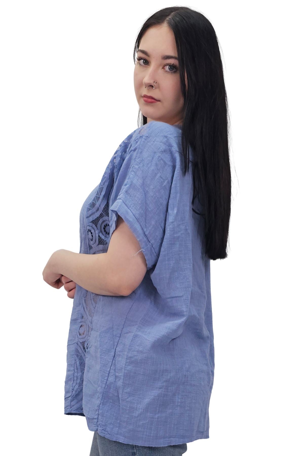 Plain Textured Side Panel Necklace Cotton Top