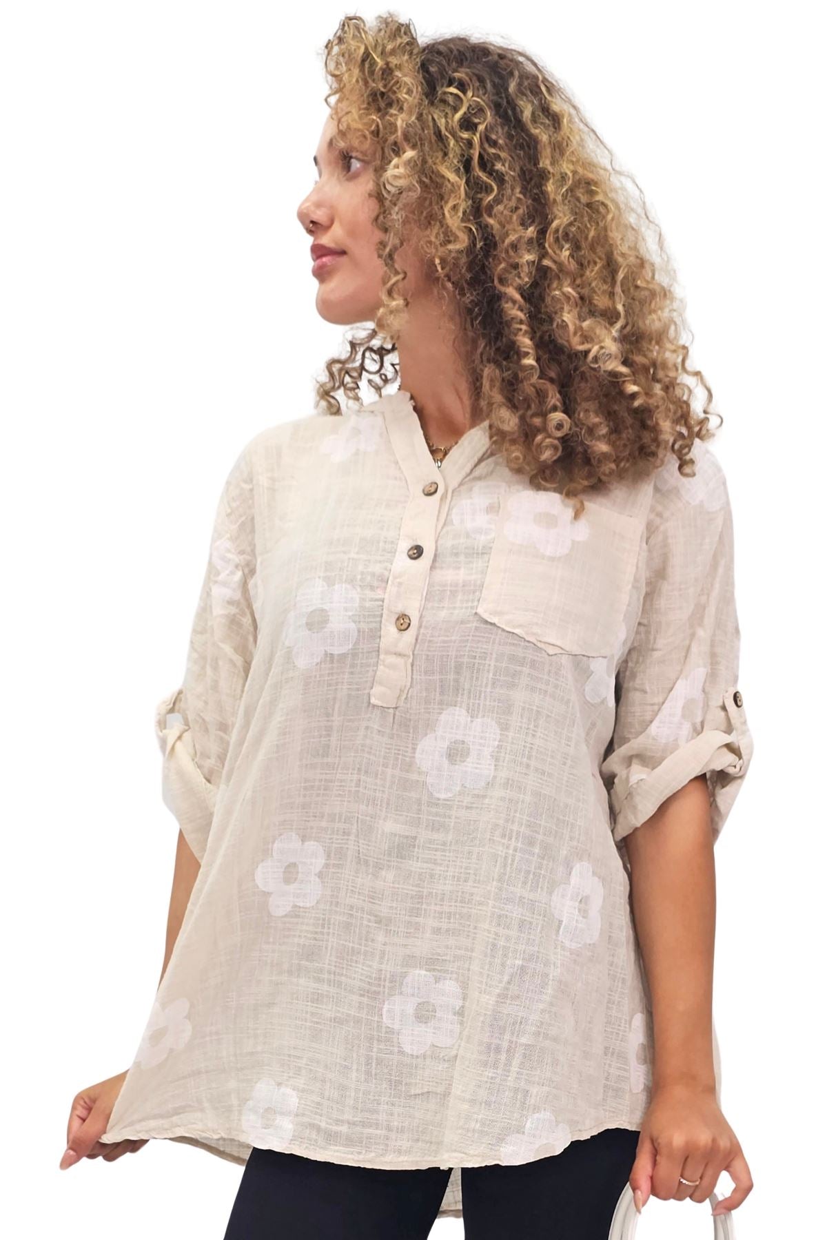 Floral Print Single Chest Pocket Cotton Top