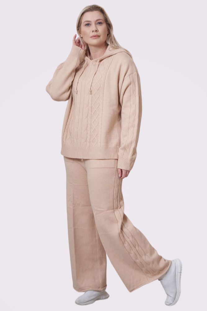 Cable Knit Pattern Hoodie Wide Leg Co-Ord
