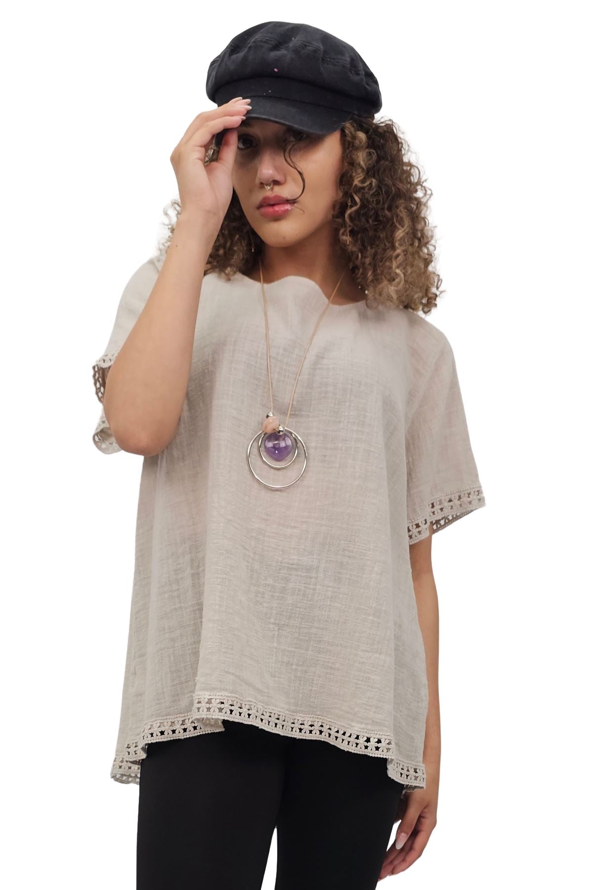 Plain Lace Hem Necklace Cotton Top