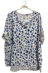 Heart Print Button-Front Detail Cotton Top