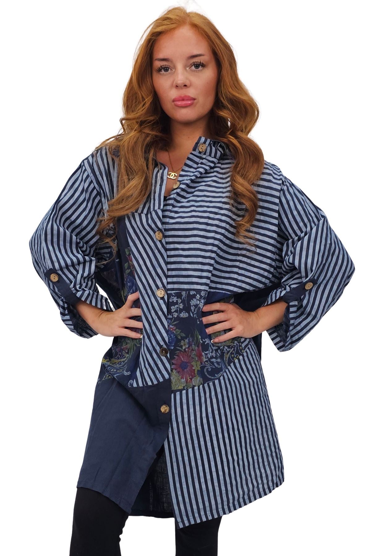 Vertical Stripes Polka Dot Print Full Front Buttons Linen Shirt