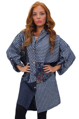 Vertical Stripes Polka Dot Print Full Front Buttons Linen Shirt