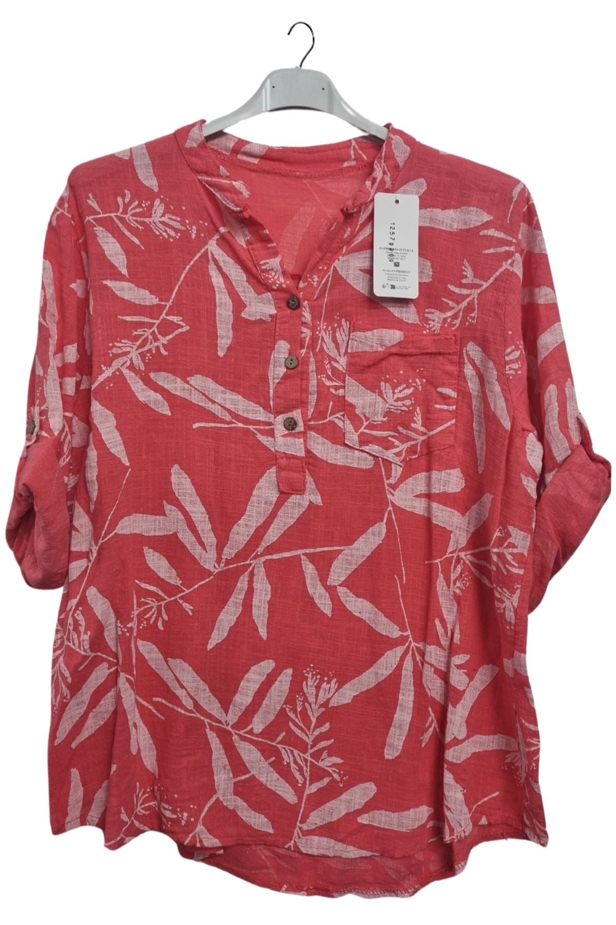 Leaf Print Chest Pocket Cotton Top