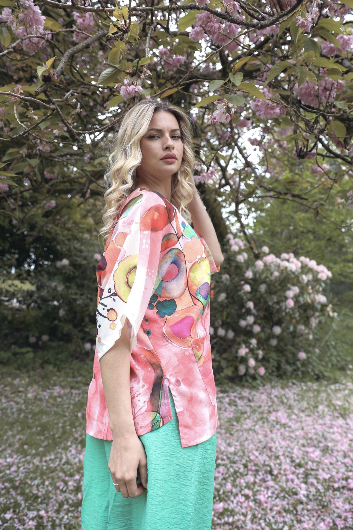 Abstract Watercolour-Style Print Asymmetrical Hemline Cotton Top
