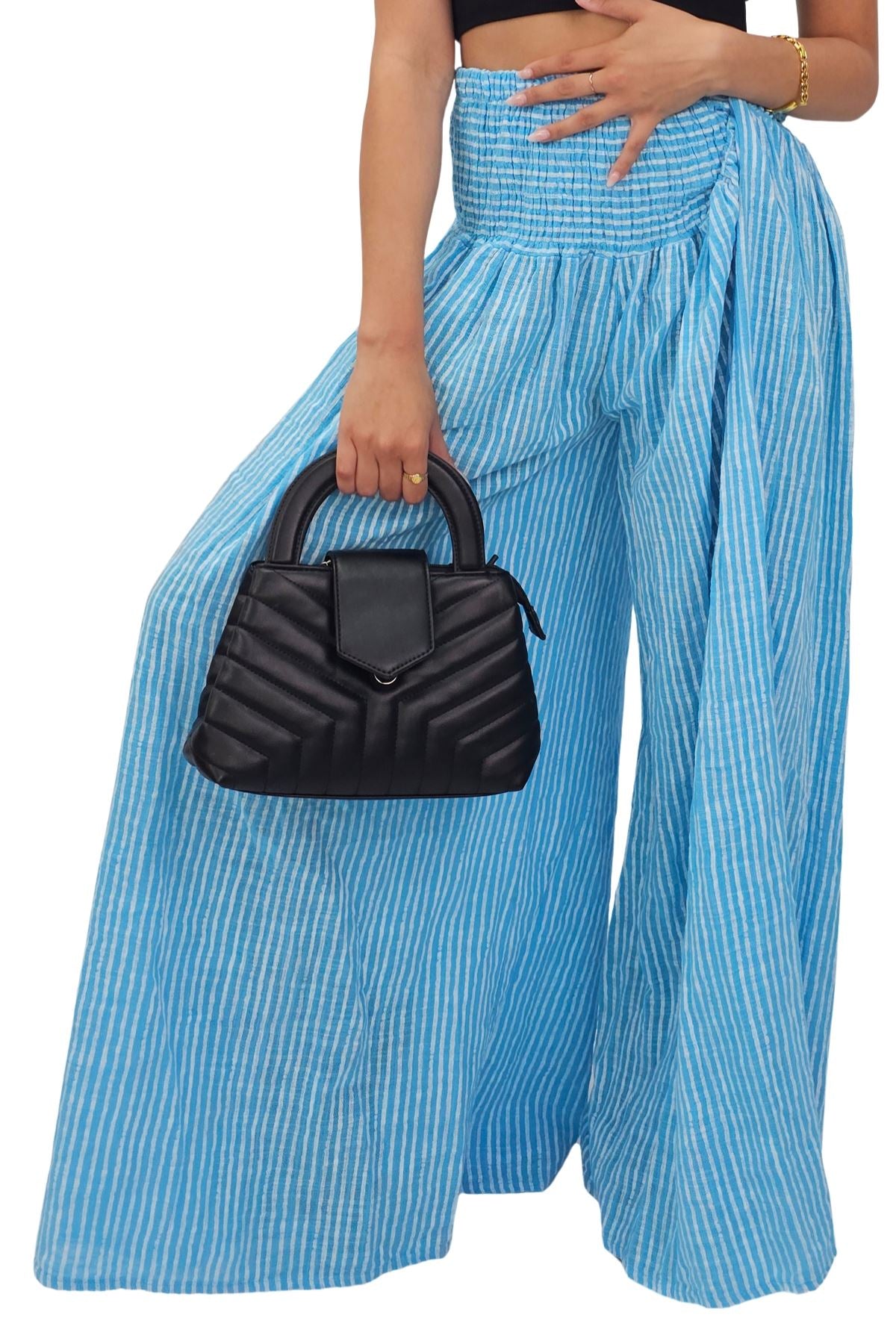 Vertical Stripes Print Smocked Waistband Wide Leg Cotton Palazzo