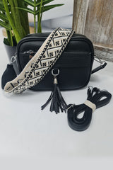 Adjustable Patterned Strap Tassel Shoulder Bag