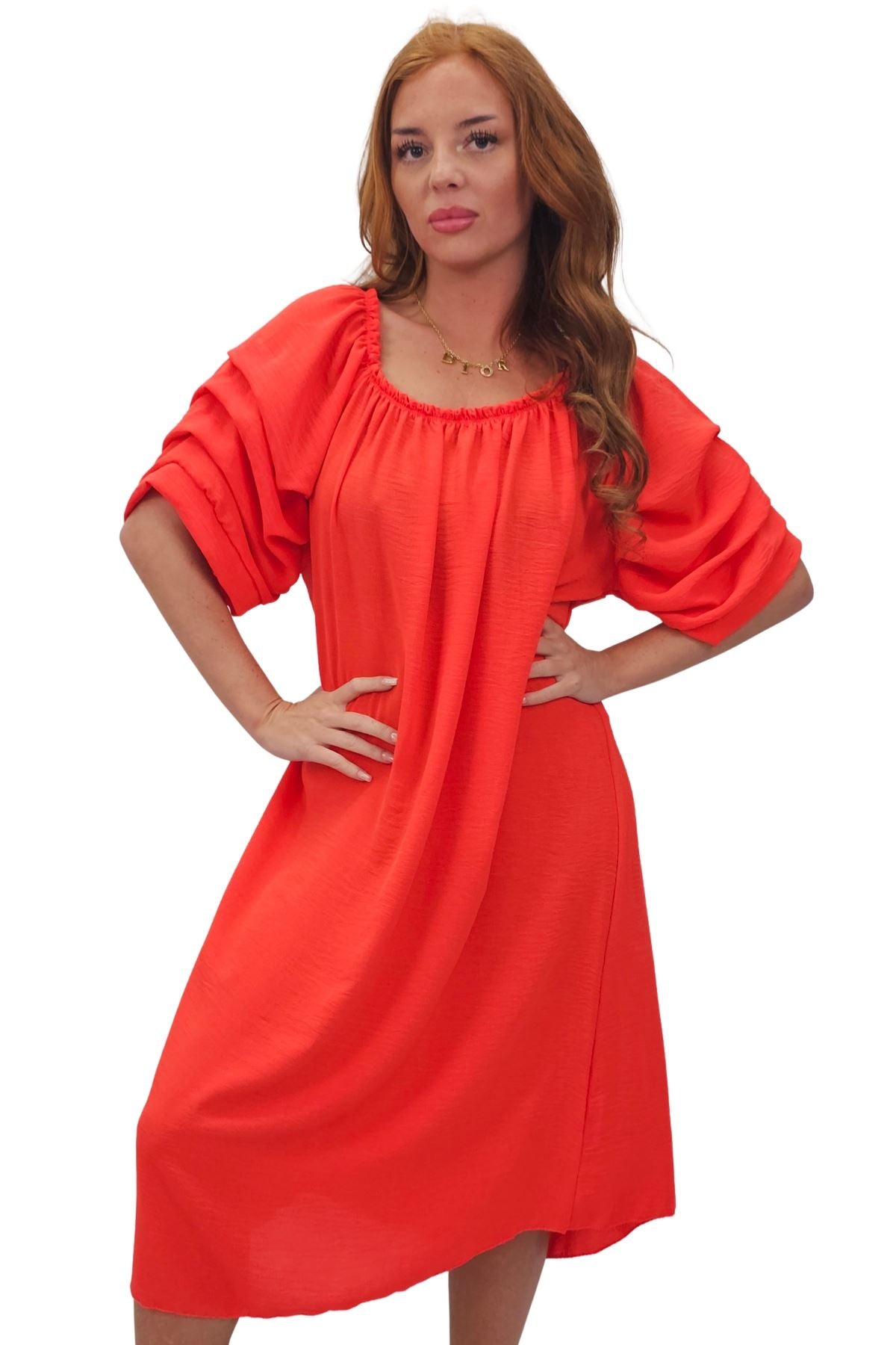 Plain Puff Sleeves Layered Detail Dress