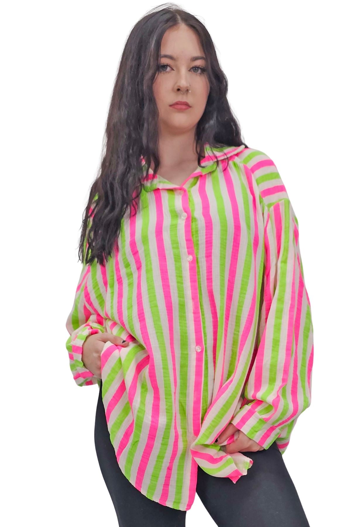 Vertical Stripes In Alternating Shades Button-Down Cotton Shirt