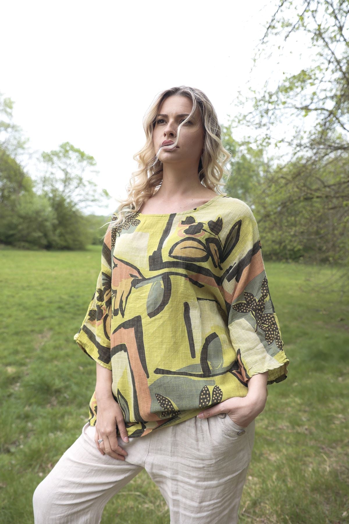 Abstract Leaf Print Oversized Necklace Tunic Cotton Top