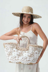Embroidered Beaded Trim Straw Tote Bag