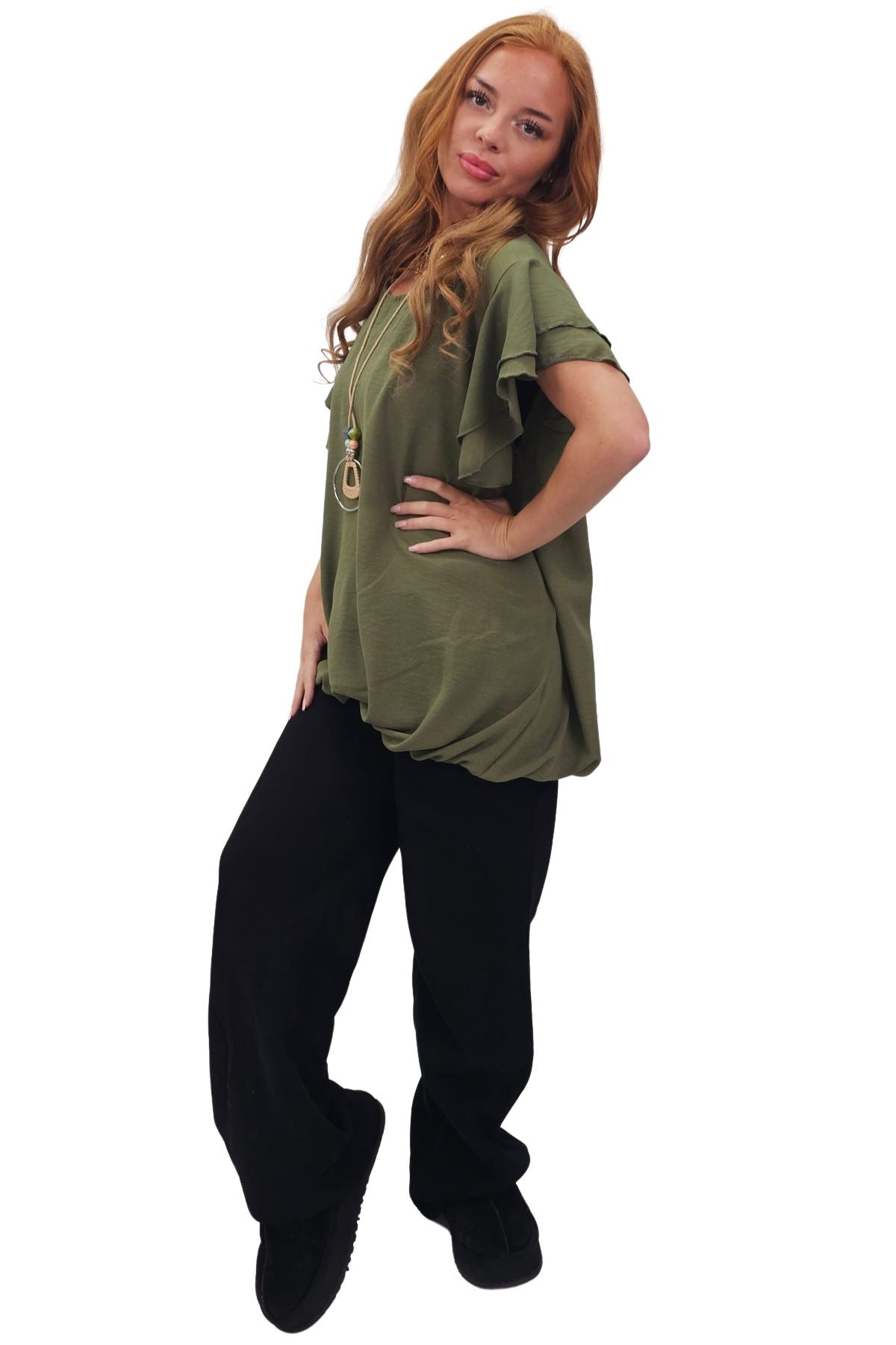 Plain Flutter Sleeves Elastic Hemline Top
