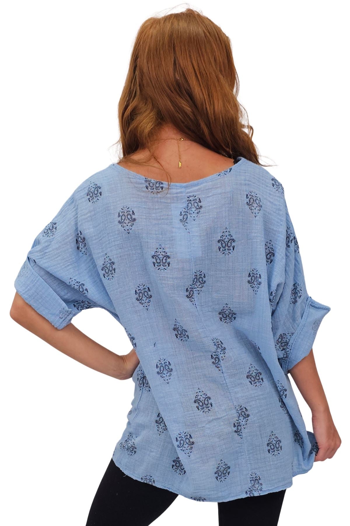 Block Print-Style Motifs Tunic Silhouette Cotton Top
