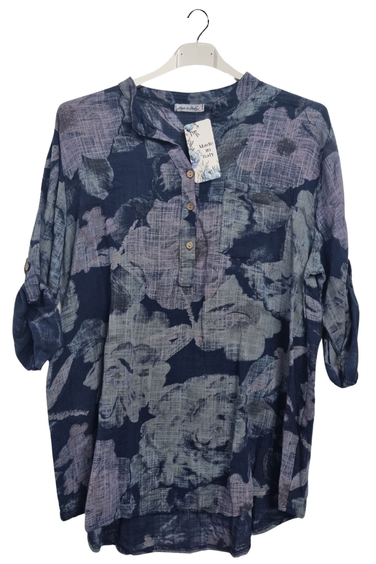 Floral Print Chest Pocket Oversized Tunic Cotton Top