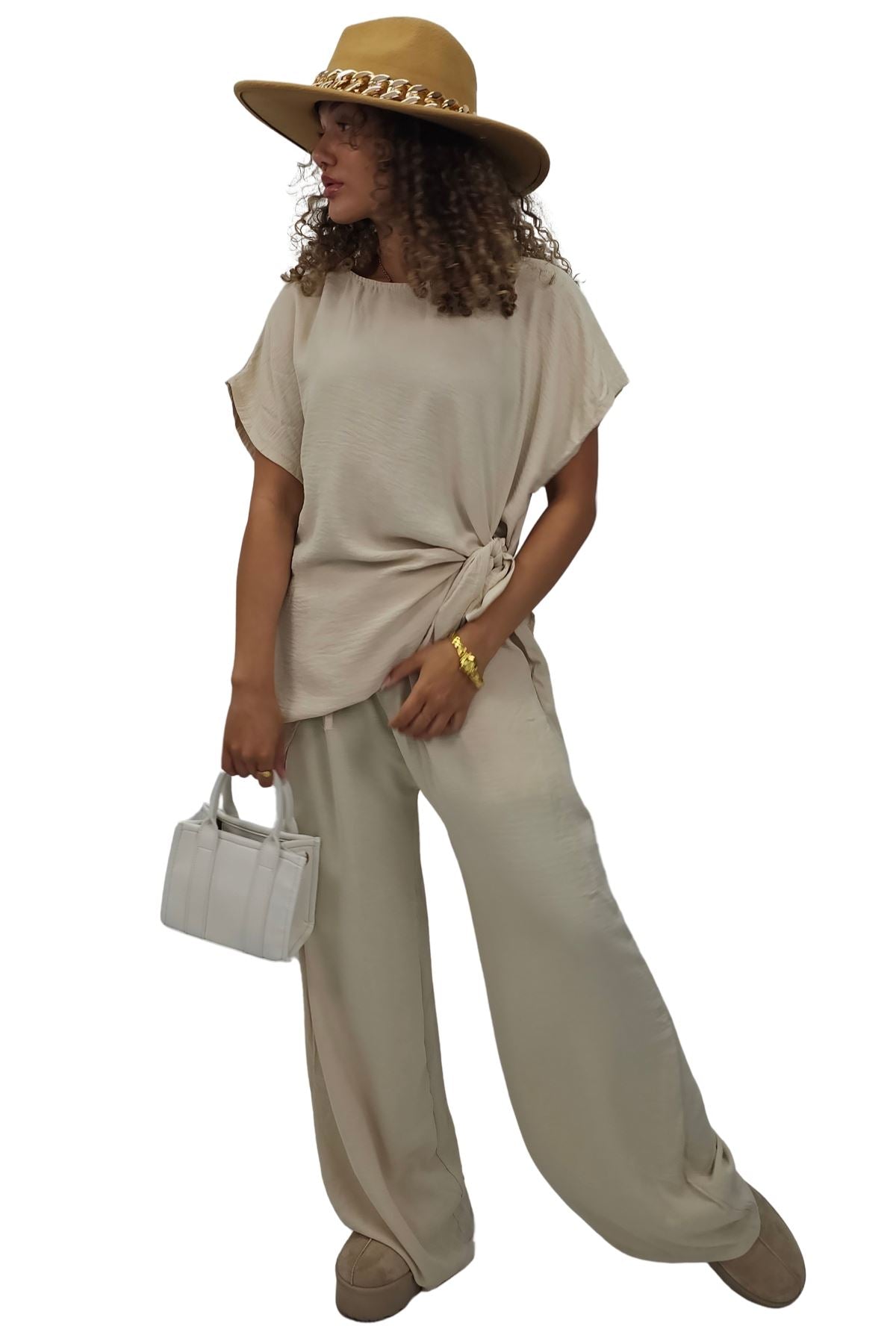 Plain Side Tie Detail Drawstring Waistband Co-Ord Set