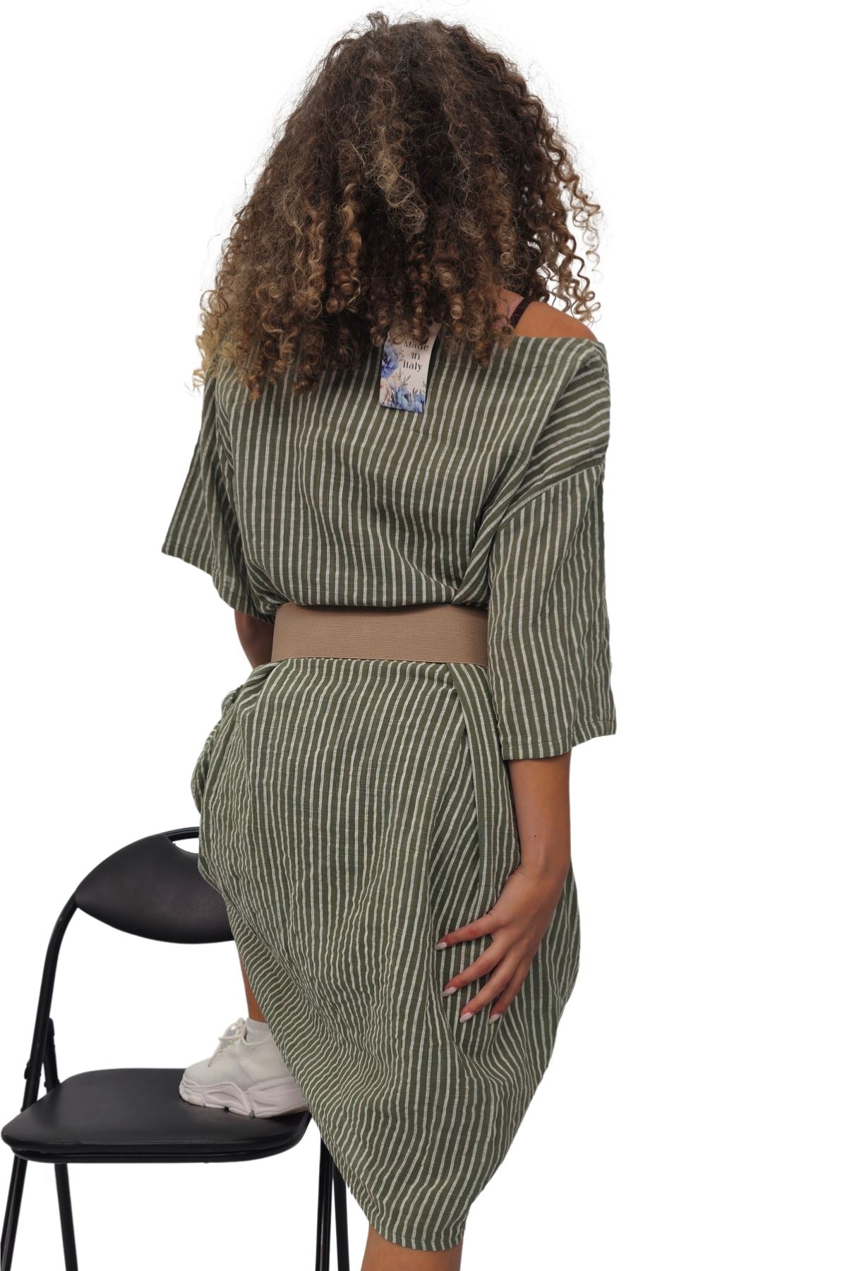 Vertical Stripes Print Two Side Pockets Cotton Dress