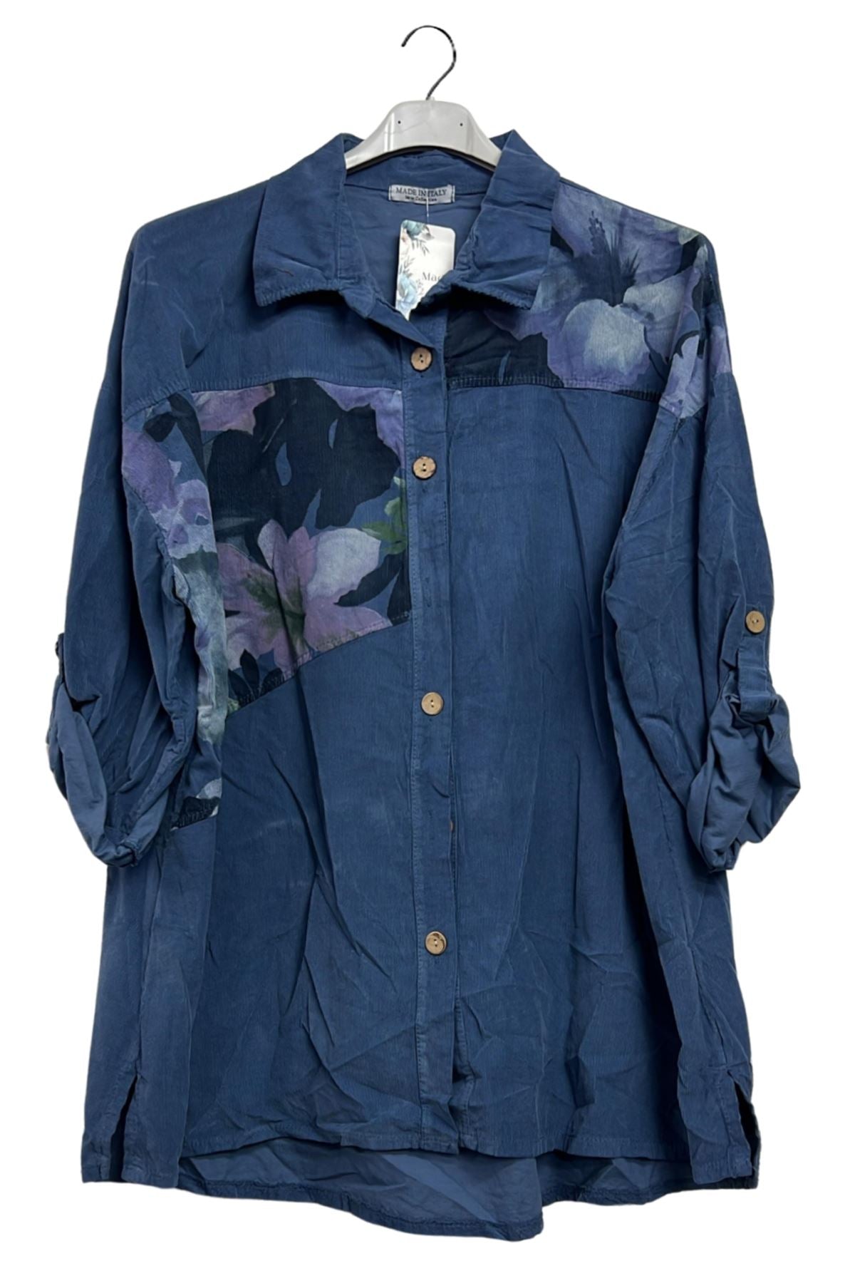 Abstract Floral Patch Print Button-Up High Low Hem Cotton Shirt