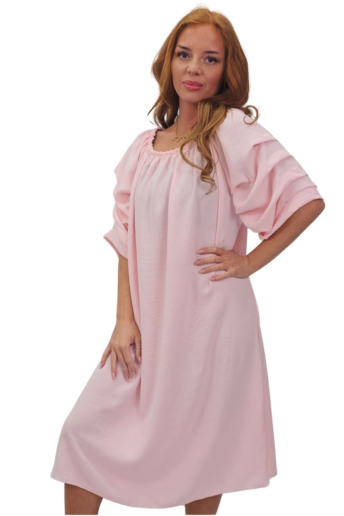 Plain Puff Sleeves Layered Detail Dress